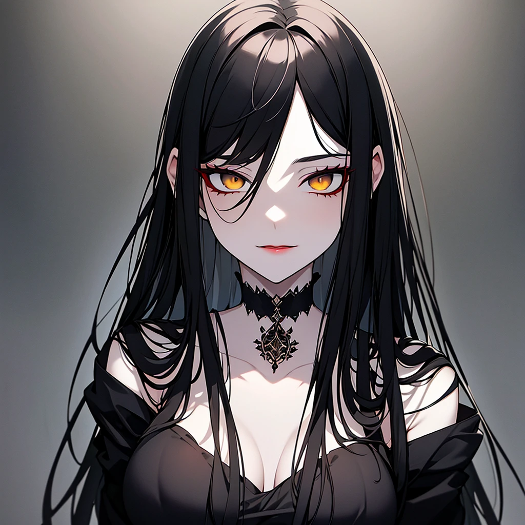 Best quality,Ultra detailed,realistic,gothic women,1Women,Long messy black hair,cocky look,levitating while meditating,black eyes,yellow sclera,attractive woman face,almond eyes,shading,dark background,mysterious atmosphere, vivid colors,Sharp focus,Detailed facial features,Ethereal,Transcendent,Disturbing beauty,Gloomy lighting,Emotional expression,Haunted gaze,Straight posture,Loose hair,Black dress,Subtle makeup,Red lips,Foreboding,Dark aura,Seductive presence,Glow ethereal, Ornate jewelry, Delicate features, Fascinating, Unworldly, gray and white skin, black smoke