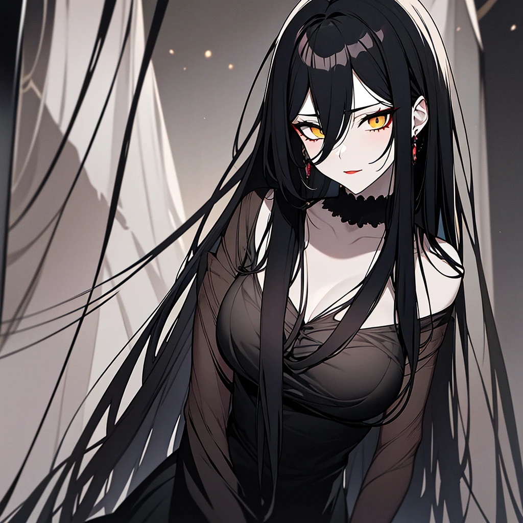 Best quality,Ultra detailed,realistic,gothic women,1Women,Long messy black hair,cocky look,levitating while meditating,black eyes,yellow sclera,attractive woman face,almond eyes,shading,dark background,mysterious atmosphere, vivid colors,Sharp focus,Detailed facial features,Ethereal,Transcendent,Disturbing beauty,Gloomy lighting,Emotional expression,Haunted gaze,Straight posture,Loose hair,Black dress,Subtle makeup,Red lips,Foreboding,Dark aura,Seductive presence,Glow ethereal, Ornate jewelry, Delicate features, Fascinating, Unworldly, gray and white skin, black smoke