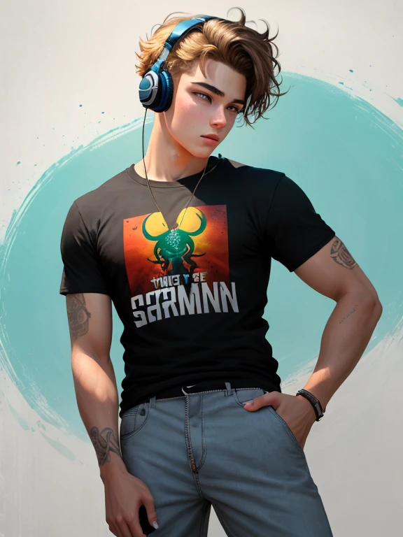 Create an art in the style of Disney Pixar covers where the boy  playing using a white headset in a gamer setup The characteristics of the boy  that he looks like 16 years old,  white, has brown eyes, wears diamond stone earrings, has brunette hair but blond at the ends, with bangs wrapped around the forehead and has an oriental dragon tattoo that takes the entire forearm and the dragon's head  in the hand