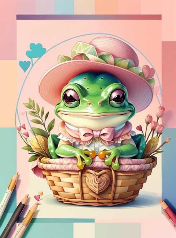(cute frog smiling with a pink hat in a beautiful basket and hearts) Munchkin ,Geometric multidimensional wall portrait, livro de arte, Tchibi,
Yang08k, Beautiful, Colouring,
Obras, of the highest quality, best quality, Arte Oficial, Beautiful and Aesthetic,