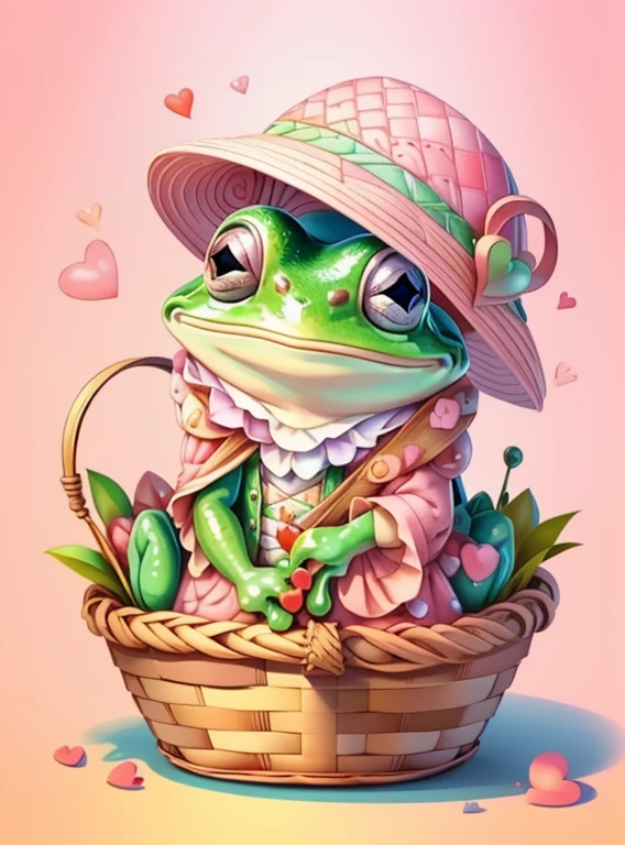 (cute frog smiling with a pink hat in a beautiful basket and hearts) Munchkin ,Geometric multidimensional wall portrait, livro de arte, Tchibi,
Yang08k, Beautiful, Colouring,
Obras, of the highest quality, best quality, Arte Oficial, Beautiful and Aesthetic,