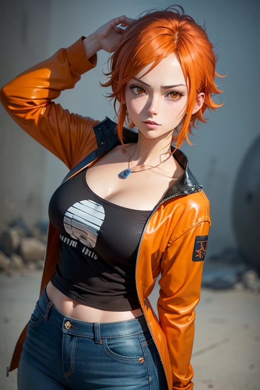 ((large sagging breasts)) ((1 girl with a mischievous smile)) ((hot sexy)) ((red hair punk style bob)), green eyes, straight hair, extremely sexy body, choker, (((wearing a top for stylish jacket bottom, bold lace top, short denim shorts))), (best quality, ultra-detailed, photorealistic: 1.37) extremely detailed, hyper detailed, (((perfect face)), soft lighting, ((best quality)), dynamic pose, Sexy pose, cute and sexy expression , in the square park, at night