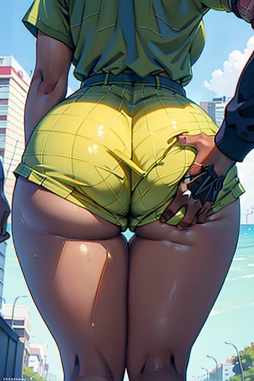 Best quality, close up of woman's giant ass, ass takes up whole frame, thick muscular thighs, wide hips, very curvy, tanned skin, plaid green skirt, thick thighs, walking, hips slanted, guy's hand pinching her ass, guy's hand pinching ass cheek, someone else's hand groping her ass