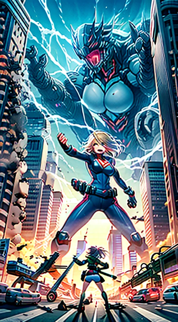 masutepiece,in 8K,High quality,Fine detail,super precision,1girl in(crazed smile),Big Assault Rifle,tits out,bomber jacket,Tank Tops,hotpants,in fighting,Build a night city(cyberpunked),dazzling neon light,