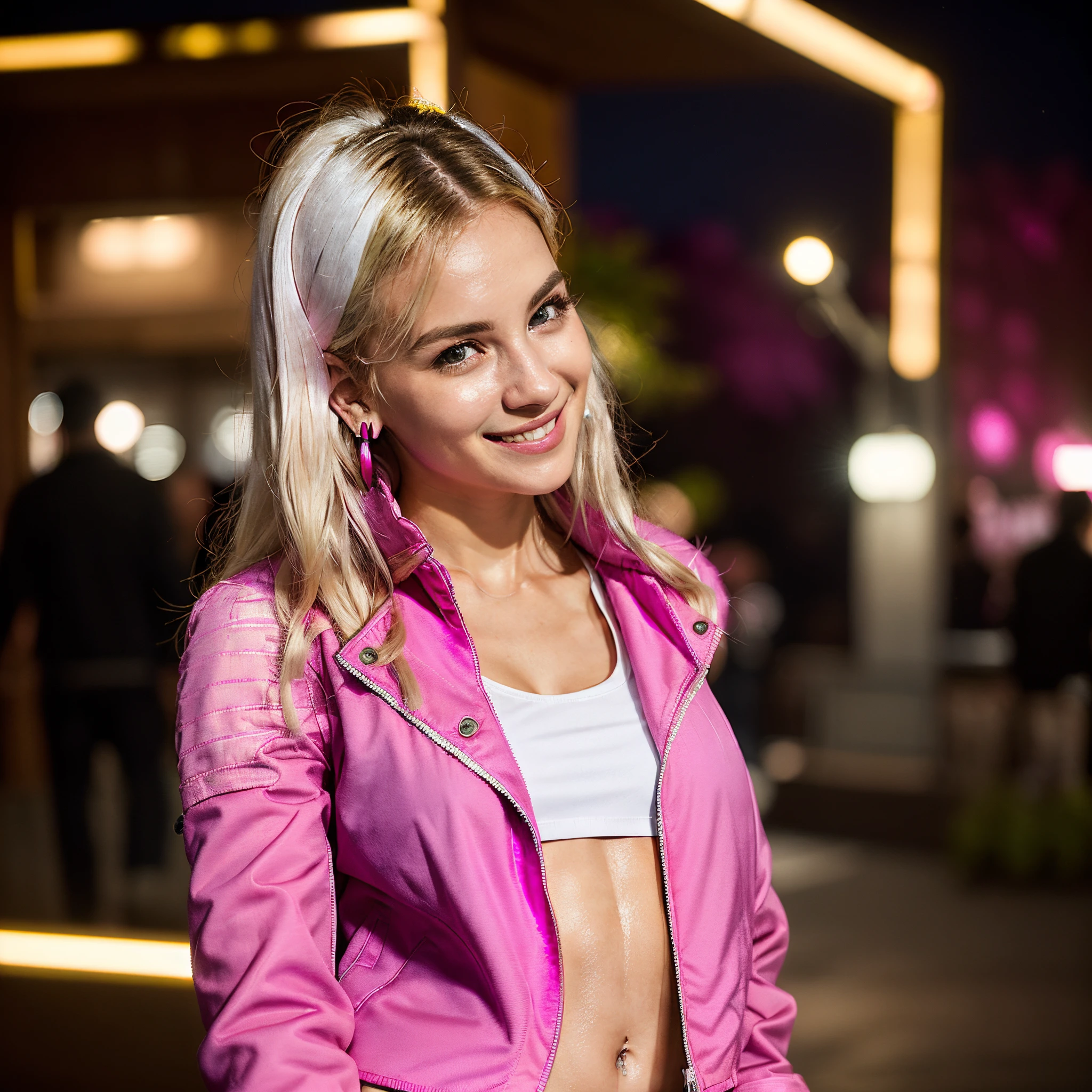 1 Young cute girl,blonde hair,(((magenta pink jacket in white cropped t-shirt))), (((navel))), sweat on body, smile, glowing earrings,night shot