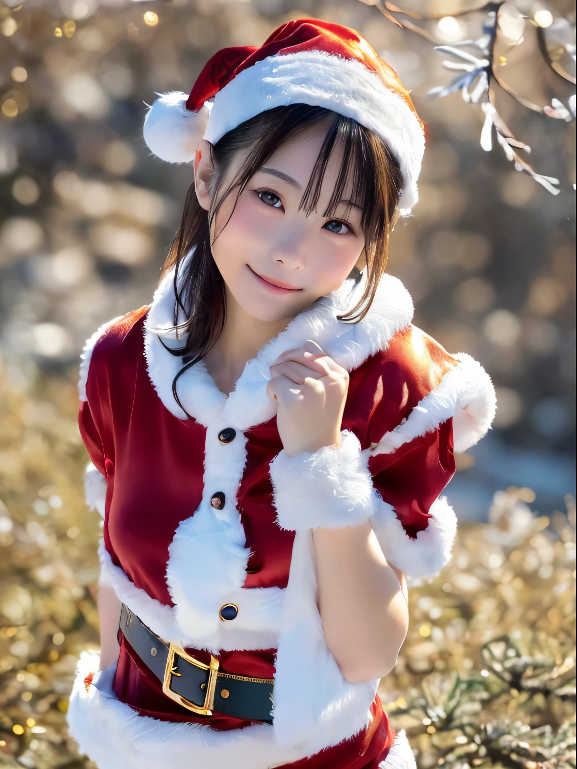 tre anatomically correct,Masterpiece of,High image quality,(Cute Santa Claus costumes:1.5),(The material of the costume is high quality silk.:1.4),20 years old, Japan Female, (Random posture:1.4),Christmas tree,Professional Lighting,((Japan hair)),((Natural smile)),The ultra-detailliert、High quality textures、intricate detailes、detaileds、Very detailed CG、High quality shadows、Detail Beautiful delicate face、Detail Beautiful delicate eyes、depth of fields、Ray traching,1girl in, japanaese girl, Fashion Model, slender,Warm atmosphere,Outdoors with a Christmas atmosphere