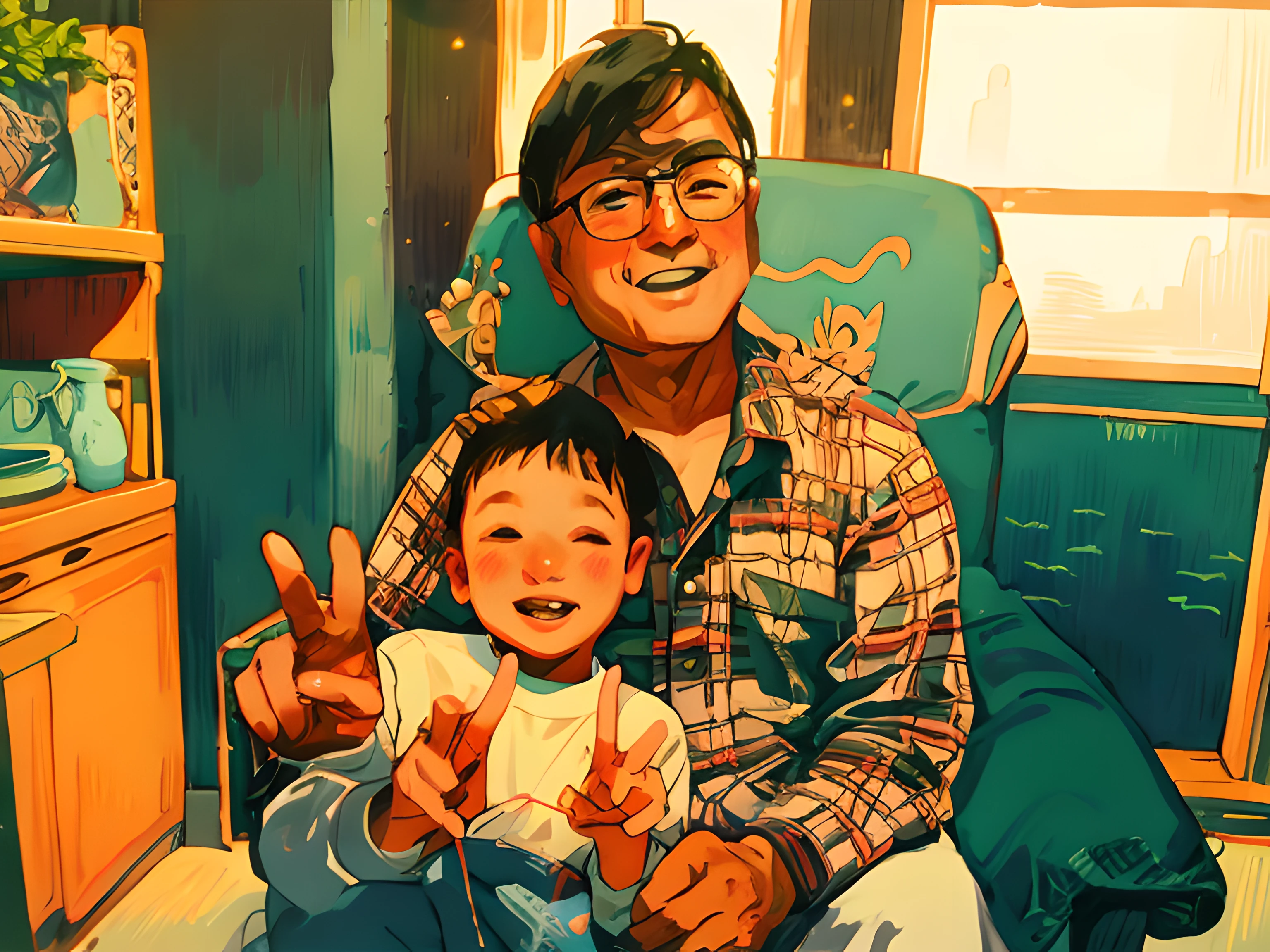 A 55-year-old man and a 5--old sit on chairs, grandparent, ssmile, Indoors