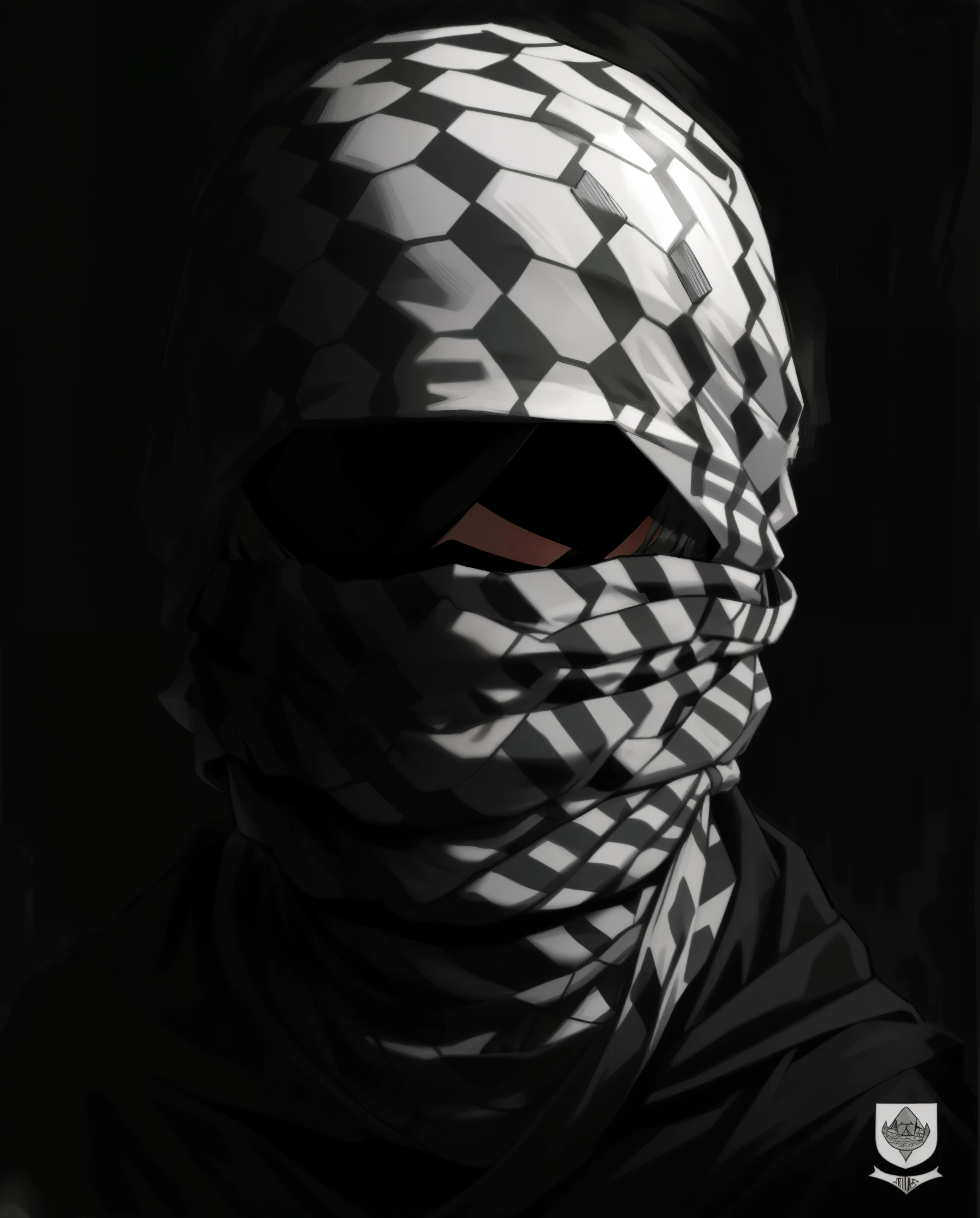 a black and white photo of a man wearing a head scarf, with a covered face, veiled, face covered, white helmet, militaristic, balaclava covering face, balaclava, covered head, taliban, masked, veiled face, covered face, demobaza, snake eyes, nomad, warfare, warcore