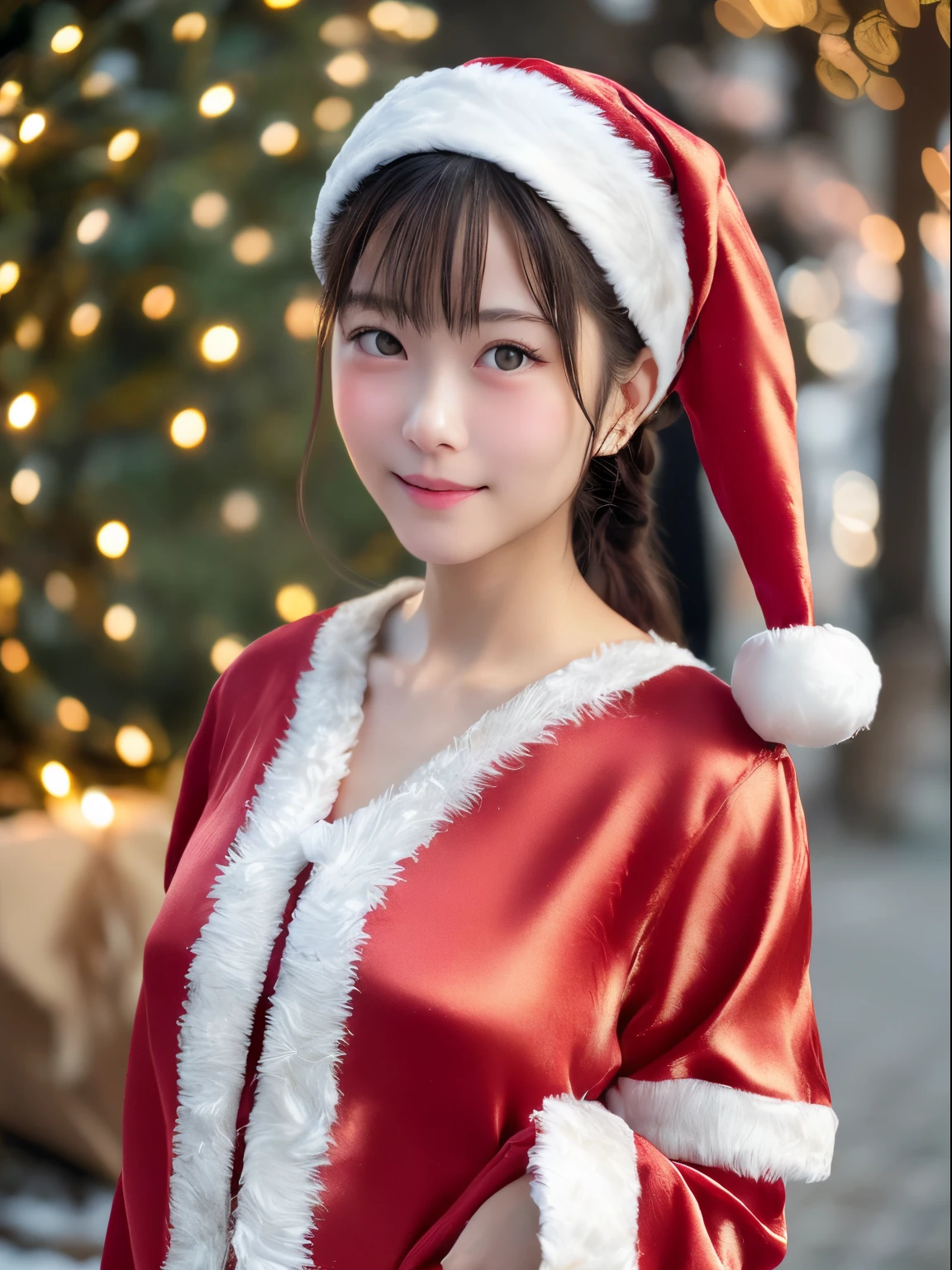 tre anatomically correct,Masterpiece of,High image quality,(Cute Santa Claus costumes:1.5),(The material of the costume is high quality silk.:1.4),20 years old, Japan Female, (Random posture:1.4),Christmas tree，Professional Lighting,((Japan hair)),((Natural smile)),The ultra-detailliert、High quality textures、intricate detailes、detaileds、Very detailed CG、High quality shadows、Detail Beautiful delicate face、Detail Beautiful delicate eyes、depth of fields、Ray traching,1girl in, japanaese girl, Fashion Model, slender,Warm atmosphere,Outdoors with a Christmas atmosphere