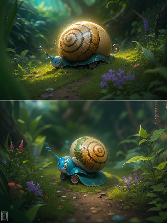 Salgo the brave little snail, the intrepid explorer, navigating the mysterious and magical Grass Forest., ultra hd, realistic, vivid colors, highly detailed, painting, perfect composition, beautiful detailed intricate insanely detailed octane render trending on concept art, soft natural volumetric cinematic perfect light