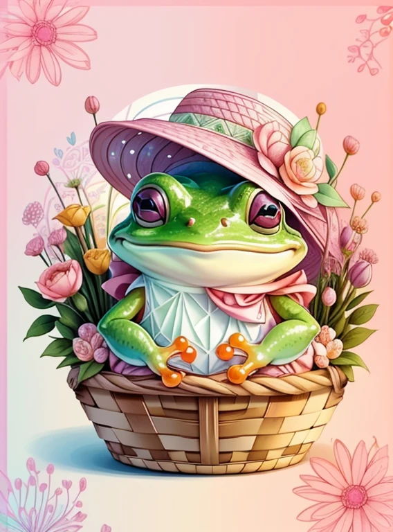 (cute frog smiling with a pink hat in a beautiful basket of flowers) Munchkin ,Geometric multidimensional wall portrait, livro de arte, Tchibi,
Yang08k, Beautiful, Colouring,
Obras, of the highest quality, best quality, Arte Oficial, Beautiful and Aesthetic,