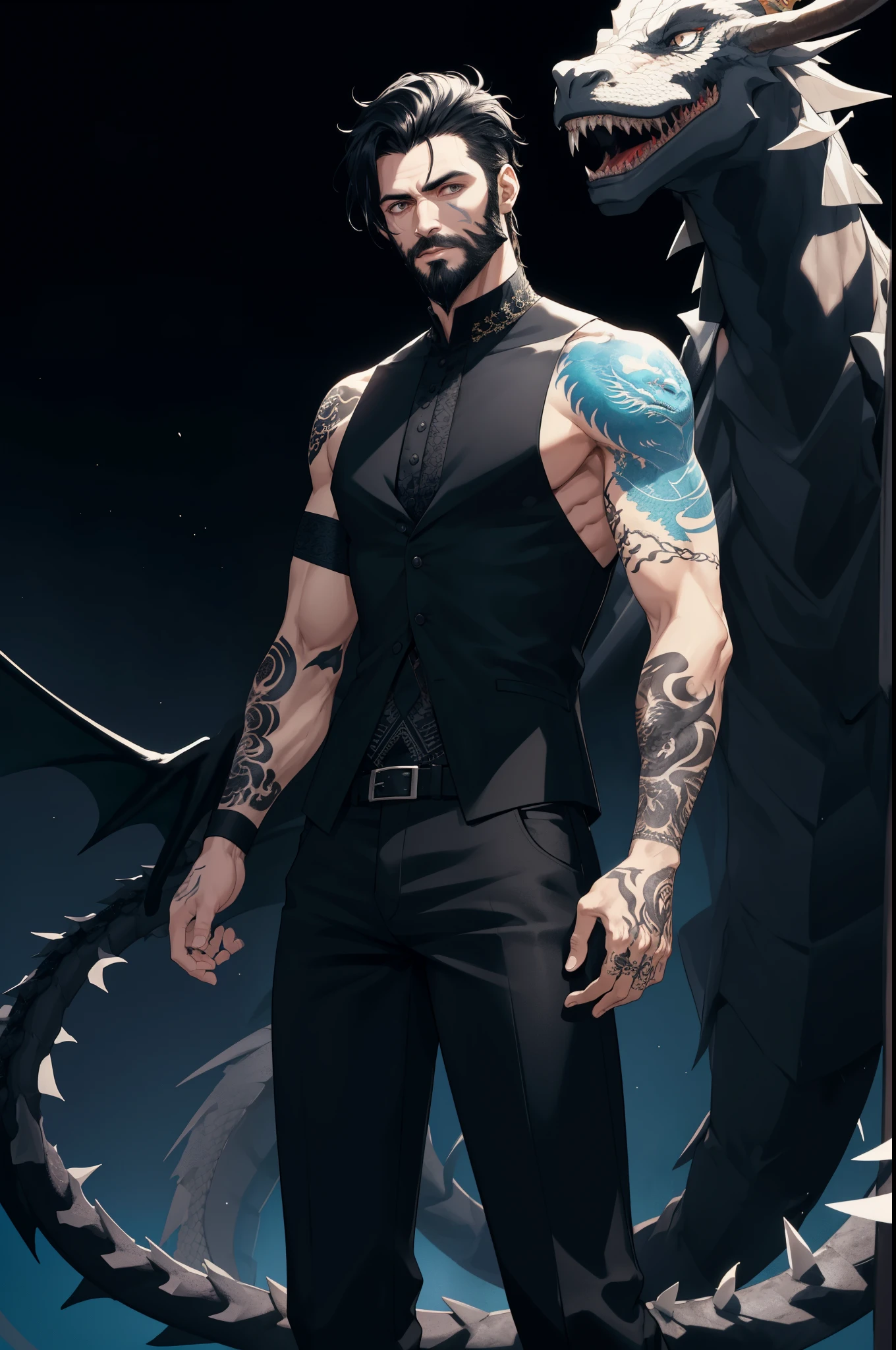 A realistic man, in his 20s, with a full beard with dark black hair, with many colorful tattoos on his arm, with black hair, short hair, with a wide cold blue blouse covering his body and black pants, fractal background, in the background there is a dragon white and blue color, fractal art