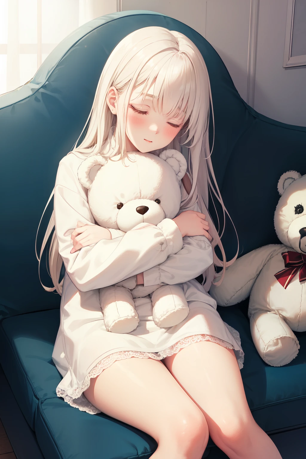 A 16 year old albino girl with rosy cheeks was fast asleep on a soft sofa while hugging her favorite White teddy bear