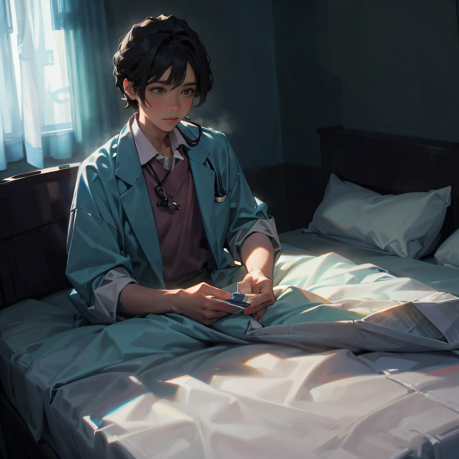 A young boy in the hospital (best quality,4k,highres),(realistic:1.37),ultra-detailed,hospital,boy,concerned expression,surgical mask,medical gown,stethoscope,IV drip,medical equipment,nurses,caring doctors,bright and clean environment,bright overhead lights,sterile atmosphere,white walls,bright blue curtains,calming artwork on the walls,comfortable bed,positive and healing vibes,soft pastel colors,peaceful atmosphere,cheerful decorations,hope and resilience