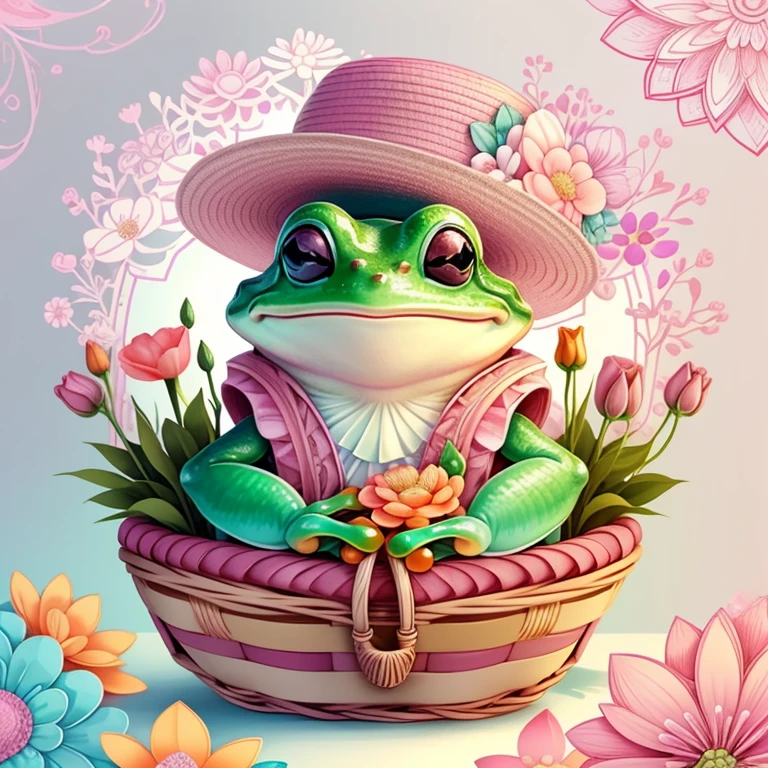 (cute frog smiling with a pink hat in a beautiful basket of flowers) Munchkin ,Geometric multidimensional wall portrait, livro de arte, Tchibi,
Yang08k, Beautiful, Colouring,
Obras, of the highest quality, best quality, Arte Oficial, Beautiful and Aesthetic,