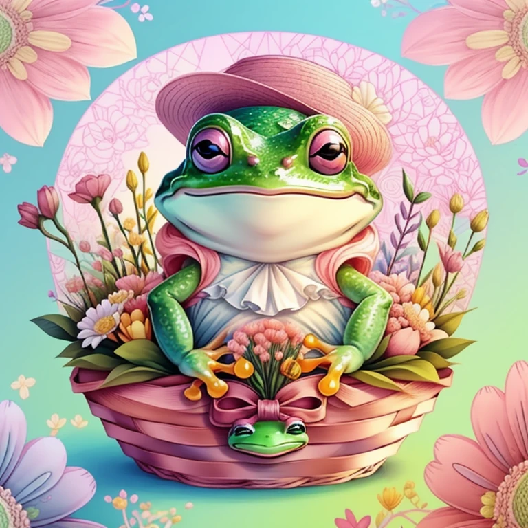 (cute frog smiling with a pink hat in a beautiful basket of flowers) Munchkin ,Geometric multidimensional wall portrait, livro de arte, Tchibi,
Yang08k, Beautiful, Colouring,
Obras, of the highest quality, best quality, Arte Oficial, Beautiful and Aesthetic,
