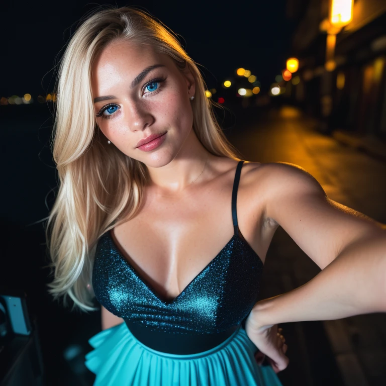 (selfie, top view: 1.4), (straight half of the body: 1.4), RAW UHD portrait photo of a 24-year-old blonde (blue-eyed woman) walking down a dark alley, large breasts,, city at night, (skirt), (neckline), details (textures! , hair! , glitter, color!! , disadvantages: 1.1), glossy eyes with high detail (looking at the camera), SLR lighting, SLR camera, ultra-quality, sharpness, depth of field, film grain (center), Fujifilm XT3, crystal clear, frame center, beautiful face, sharp focus, street lamp, neon lighting, bokeh (dimly lit), night, (night sky), detailed skin pores, oily skin, sunburn, complex eye details, full body, large breasts