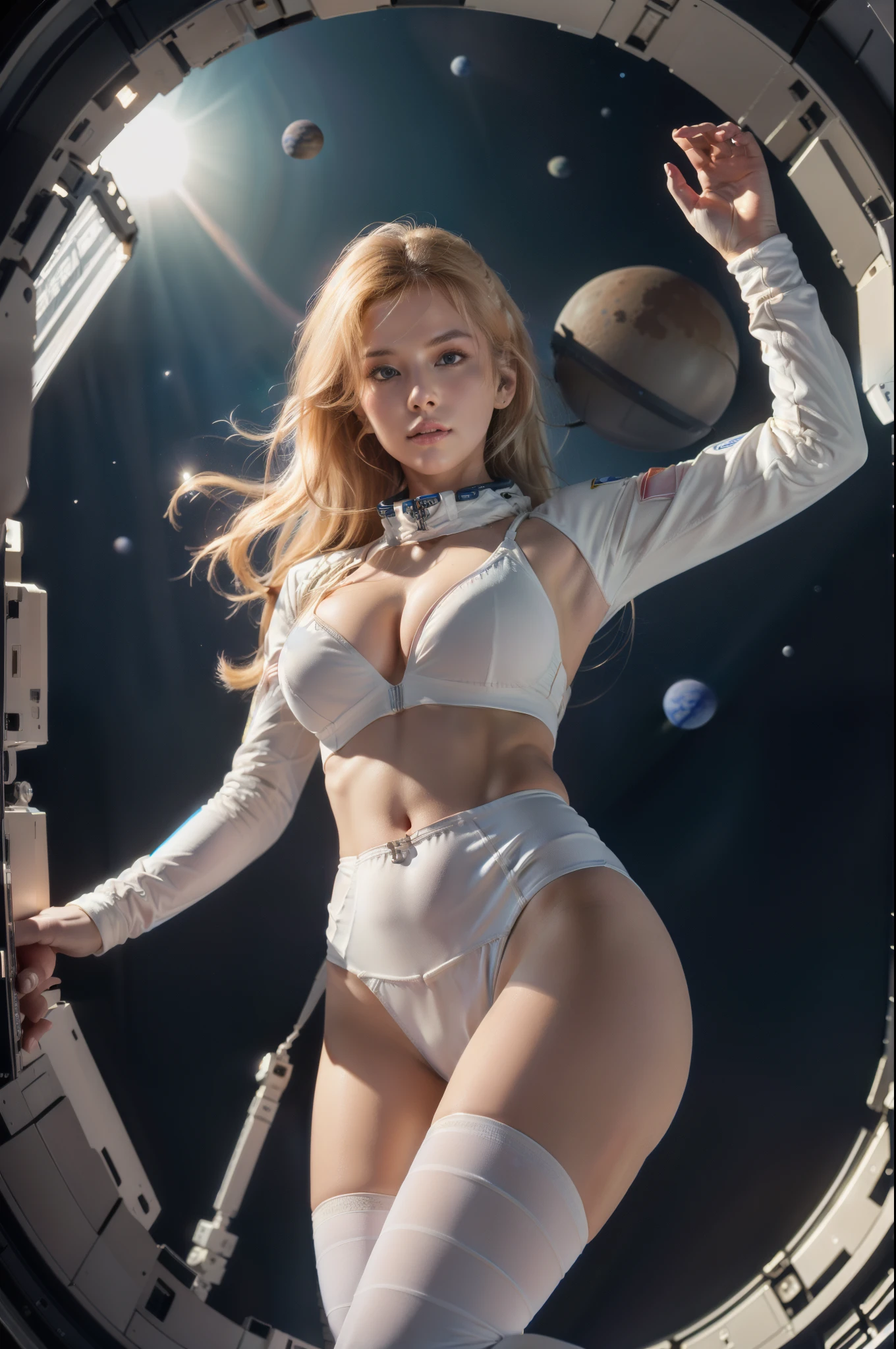 Distance shot, full body portrait, a beautiful blonde woman age 30, long hair floating in the air in a spacecraft, hair drifting in zero gravity, legs spread, facing the viewer, view of dark outer space and planet Earth in the space station window, wearing tight white spandex shorts and white sports bra with NASA logo, midriff showing, 4k extremely photorealistic, uhd 4k highly detailed, ((ethereal lighting, ultra-high res.photorealistic:.1.4, (high detailed skin:1.2), 8k uhd, dslr, high quality, film grain, Fujifilm XT3,(masterpiece) (best quality) (detailed) (cinematic lighting) (sharp focus) (intricate)