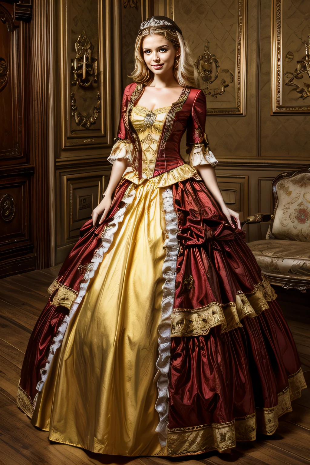 ((topquality, tmasterpiece, photorealestic:1.4, 8K)), A young woman, a beaut, Beautiful facial expression, blonde woman, ((long luxurious blonde hair)), Extremely detailed eyes and face, golden facial proportions, Golden proportions of the body, Correct anatomy, Beautiful hands, Straight fingers, Luxurious dress with gold embroidery in medieval European style., diadem on the head), Red dress, Luxury accessories,（The woman, walk along the corridor of a European-style castle, luxury interior, Employed, Cinematic lighting, Textured skin, higly detailed,hiquality,hight resolution, looking a viewer, Elegant smile, shapely body, European type of appearance