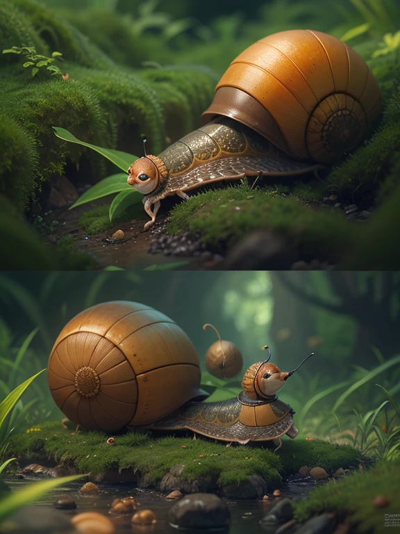 Mary and Dennis two brave little snails, fell in love and moved into one shell, the intrepid explorer, navigating the mysterious and magical Grass Forest., ultra hd, realistic, vivid colors, highly detailed, UHD drawing, pen and ink, perfect composition, beautiful detailed intricate insanely detailed octane render trending on artstation, 8k artistic photography, photorealistic concept art, soft natural volumetric cinematic perfect light