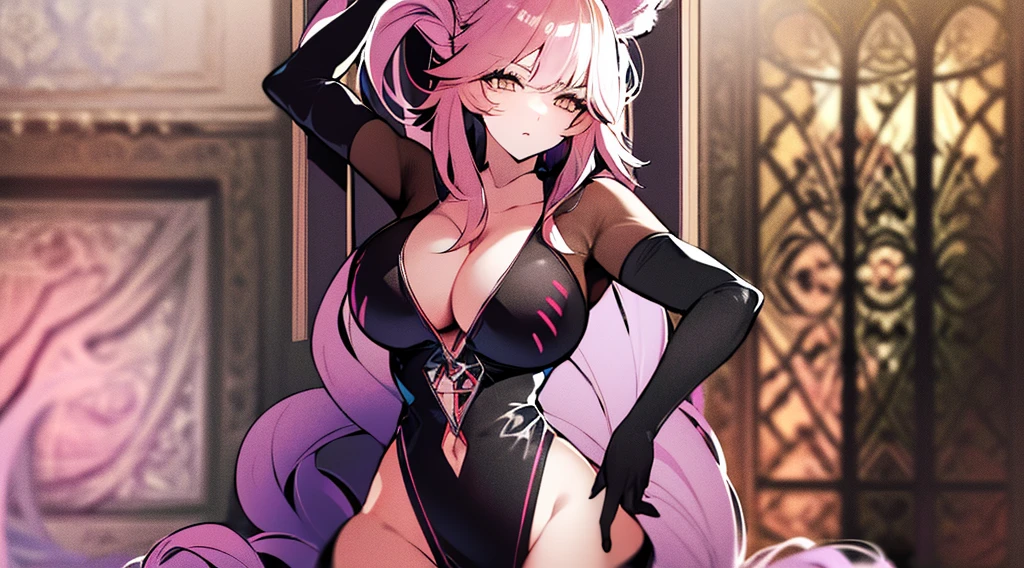 1 mujer, cuerpo perfecto, pechos absurdamente grandes, cola de zorro, orejas de zorro, sexy, traje sexy, mirando al espectador