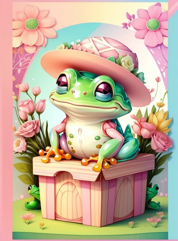 (cute frog smiling with a pink hat in a beautiful box of flowers) Munchkin ,Geometric multidimensional wall portrait, livro de arte, Tchibi,
Yang08k, Beautiful, Colouring,
Obras, of the highest quality, best quality, Arte Oficial, Beautiful and Aesthetic,