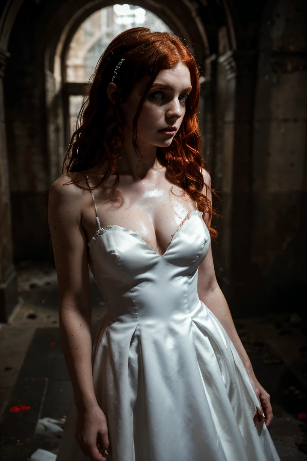 (extremely detailed 8k wallpaper), Dark Theme, Vampire in Masquerade, Modern Horror, uses (white wedding dress), (torn and dirty), fine focus, (subsurface dispersion:1.1), (((Young woman))), (curly red hair), (blue eyes), centered face, award-winning photography, dramatic lighting, expression (sad), underground of a building.