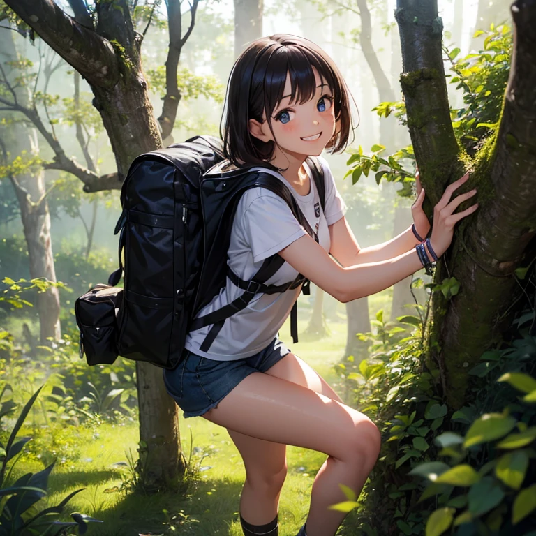 A 20 years old girl adventure on forest, smiling face, looking at viewer