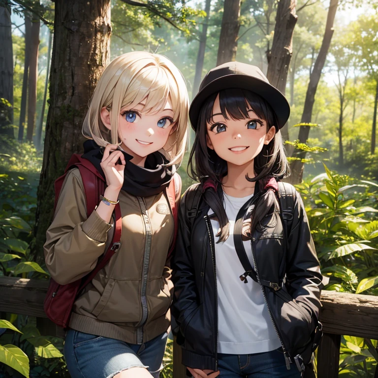A 20 years old girl adventure on forest, smiling face, looking at viewer