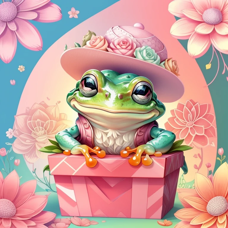 (cute frog smiling with a pink hat in a beautiful box of flowers) Munchkin ,Geometric multidimensional wall portrait, livro de arte, Tchibi,
Yang08k, Beautiful, Colouring,
Obras, of the highest quality, best quality, Arte Oficial, Beautiful and Aesthetic,