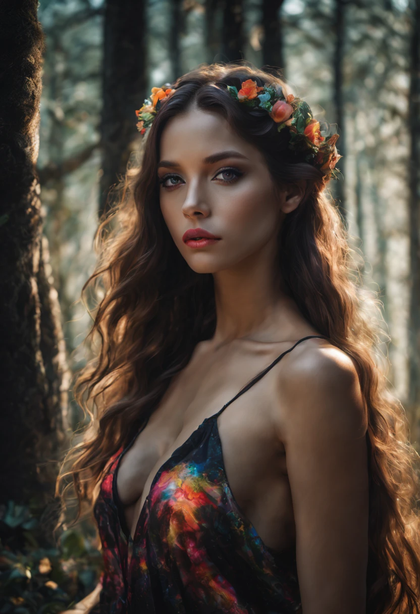 IA Beauty,

32K UHD OLED digital art,

Beautiful Goddess of Nature, long hair, lip gloss

breathtaking hairstyle,

a stunning view of the forest as a backdrop,

bright colors gasoline, apricot, black



mysterious,

mesmerizing,

your face is well lit,

Intricate artwork ultra-high quality half body model,

realist,

sharp focus,