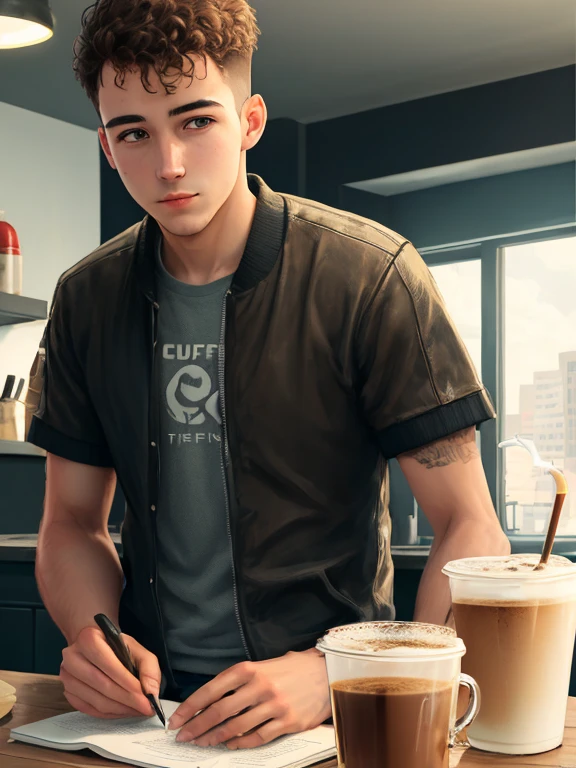 Boy coffee with futuristic background realistic