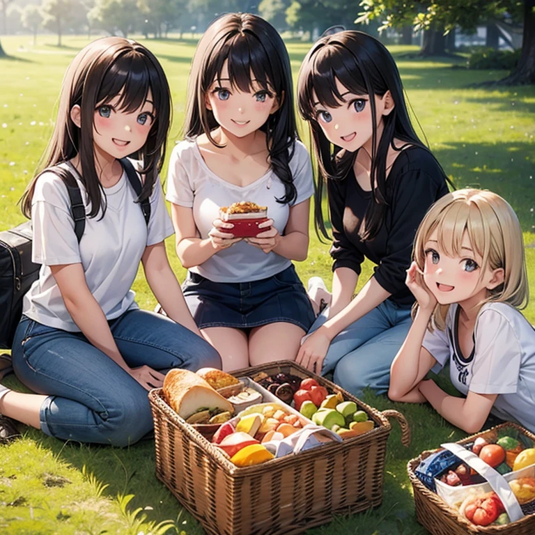 Four girls, age 20 years, enjoying picnic trip, smiling face, looking at viewer