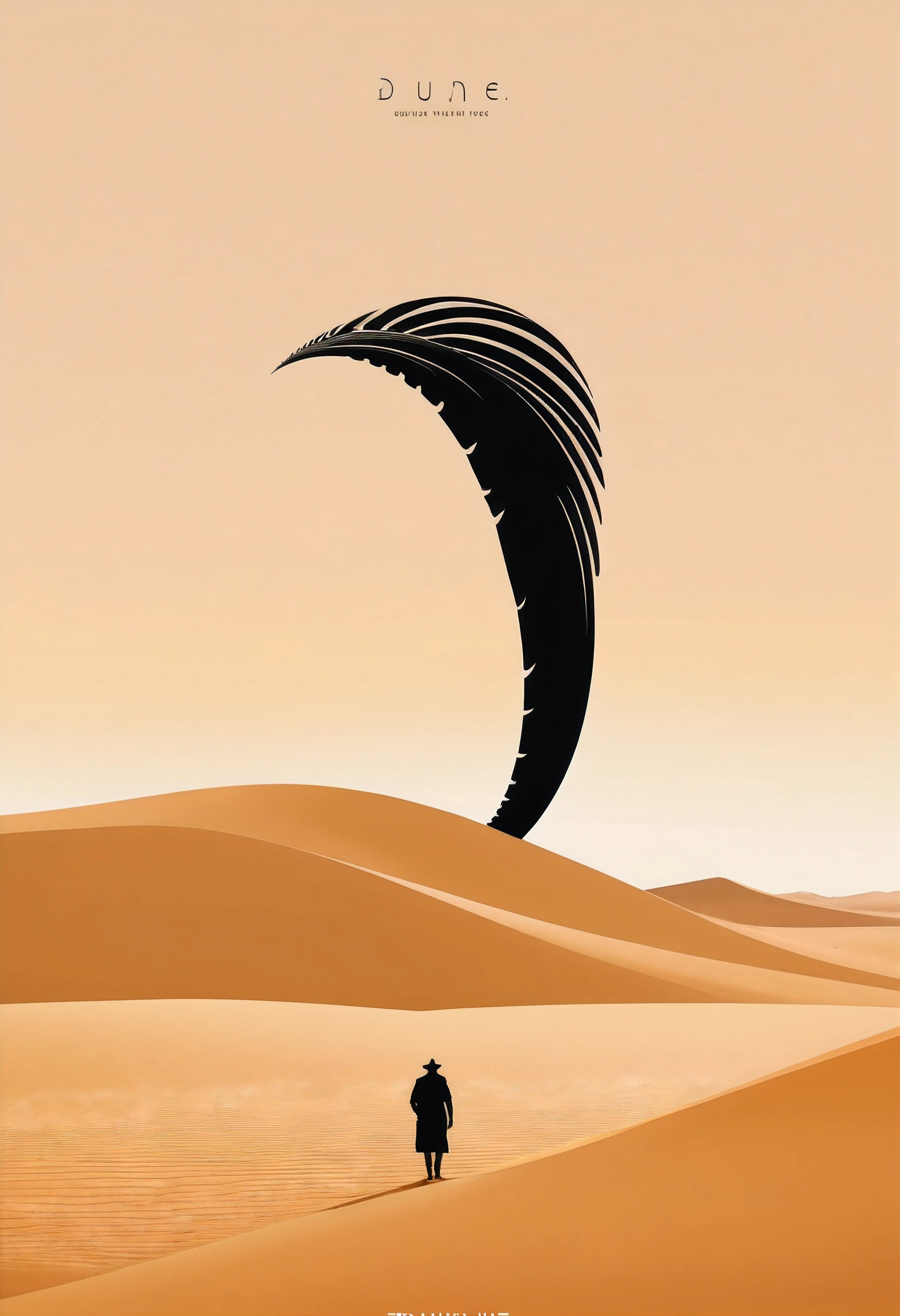 ((Minimalism,poster)),"DUNE" An evocative minimalist movie poster for "Dune," featuring a subtle sandworm silhouette against a vast desert backdrop. The minimalist design creates a sense of awe and mystery, with an elegantly displayed title that complements the overall aesthetic. Full-shot view, high-resolution photo, minimalist, elegant,