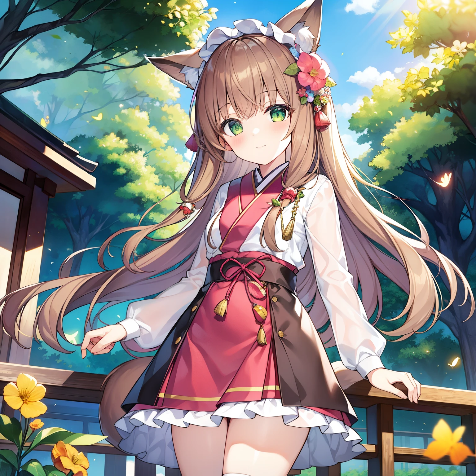 tmasterpiece, Best quality, A high resolution), 1 girl, Alone, Oversized fox tail,Long brown hair,Green-eyed,Small flower headdress, (-yeld juschool student),ecture,摩洛解放阵线,In rural Japan,natta,Wearing a small skirt,standing in forest;Watch fireflies,