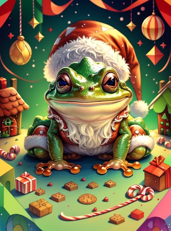 (cute frog smiling with a red santa claus hat and gingerbread house and candy canes) Munchkin ,Geometric multidimensional wall portrait, livro de arte, Tchibi,
Yang08k, Beautiful, Colouring,
Obras, of the highest quality, best quality, Arte Oficial, Beautiful and Aesthetic,