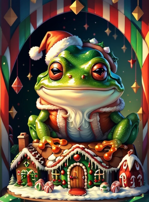 (cute frog smiling with a red santa claus hat and gingerbread house and candy canes) Munchkin ,Geometric multidimensional wall portrait, livro de arte, Tchibi,
Yang08k, Beautiful, Colouring,
Obras, of the highest quality, best quality, Arte Oficial, Beautiful and Aesthetic,