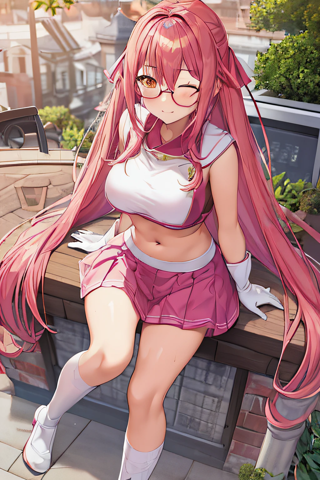 1girl, breasts, nipples, solo, blood, pink_hair, pussy, nude, long_hair, smile, navel, red_eyes, sitting, completely_nude, looking_at_viewer, choker, blood_on_face, blush, large_breasts, twintails, bow, hair_bow, collarbone