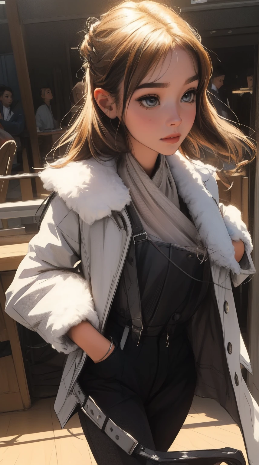master part, 4K Ultra HD, foco nítido, Realistic; a garota no Gawr estilo Gura da hololive em uma elegante jaqueta prateada, black pants, e botas. Mantenha o rosto da Gawr Gura, mas mais realista.