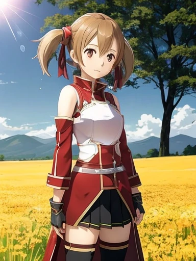 (real) asian girl in a red and white dress standing in a field, sao style anime, silica from sao, anime visual of a cute girl, sword art online,