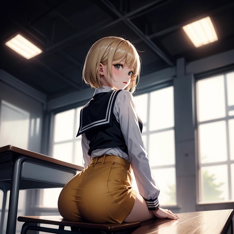 NSFW，High school girl half naked, Skirt folded up, uniform, Panty shots, Lucky lewdness，Reveal a cute bra，yellow short hair