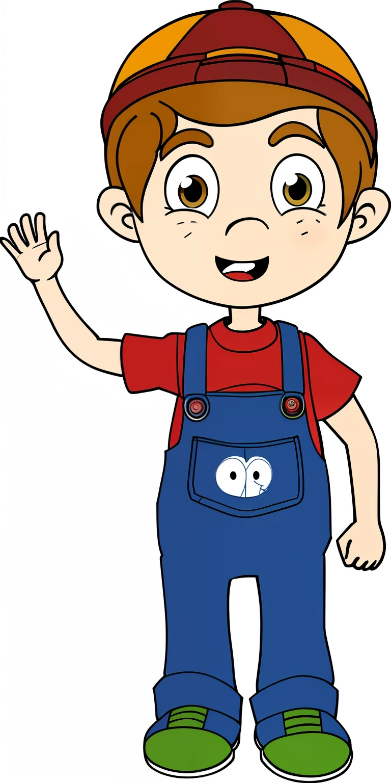 cartoon boy in hat and overalls waving, wearing blue jean overalls, menino, wearing overalls, um menino, artist wearing overalls, Clip-art,  menino, Clipart, menino bonito, 5 dedos). corpo inteiro, hd illustration, blue overalls, mascote de corpo inteiro, wearing dirty overalls, slender boy with a pale, Rapazes