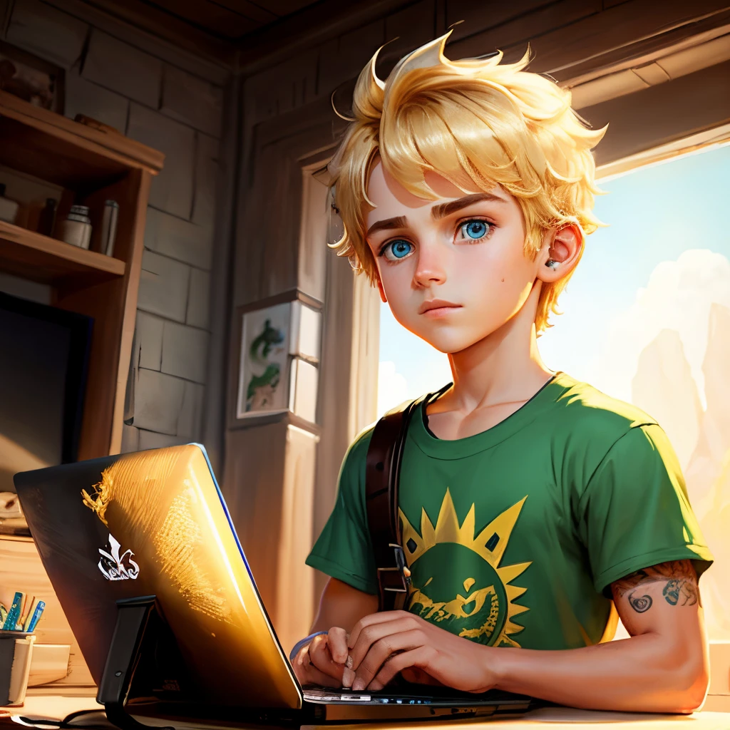 create art in the style of disney pixar covers where the boy playing with a gamer setup the boy's characteristics are that he looks , white, tem olhos castanhos, usa brinco de pedra de diamante, Has brunette hair but blonde at the ends, with bangs wrapped around his forehead and has an oriental dragon tattoo that covers his entire forearm and the dragon's head on his hand