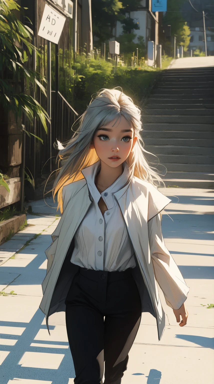 master part, 4K Ultra HD, foco nítido, Realistic; a garota no Gawr estilo Gura da hololive em uma elegante jaqueta prateada, black pants, e botas. Mantenha o rosto da Gawr Gura, mas mais realista.
