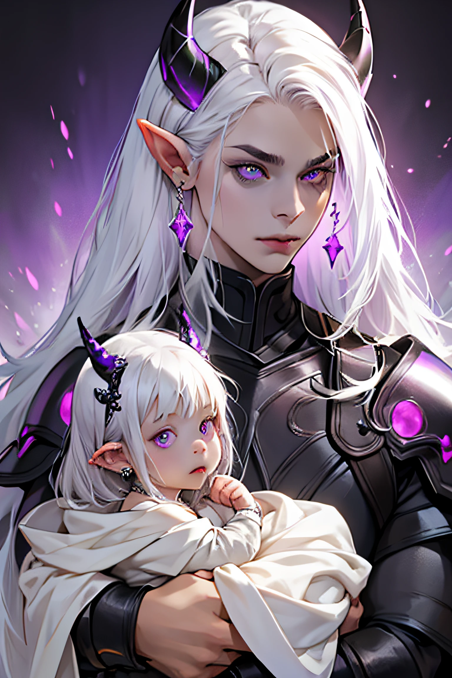 male, long white hair, glowing purple eyes, horns, strong body, black armor with details, pointy ears, ear piercings, forhead accessory, holding baby girl
