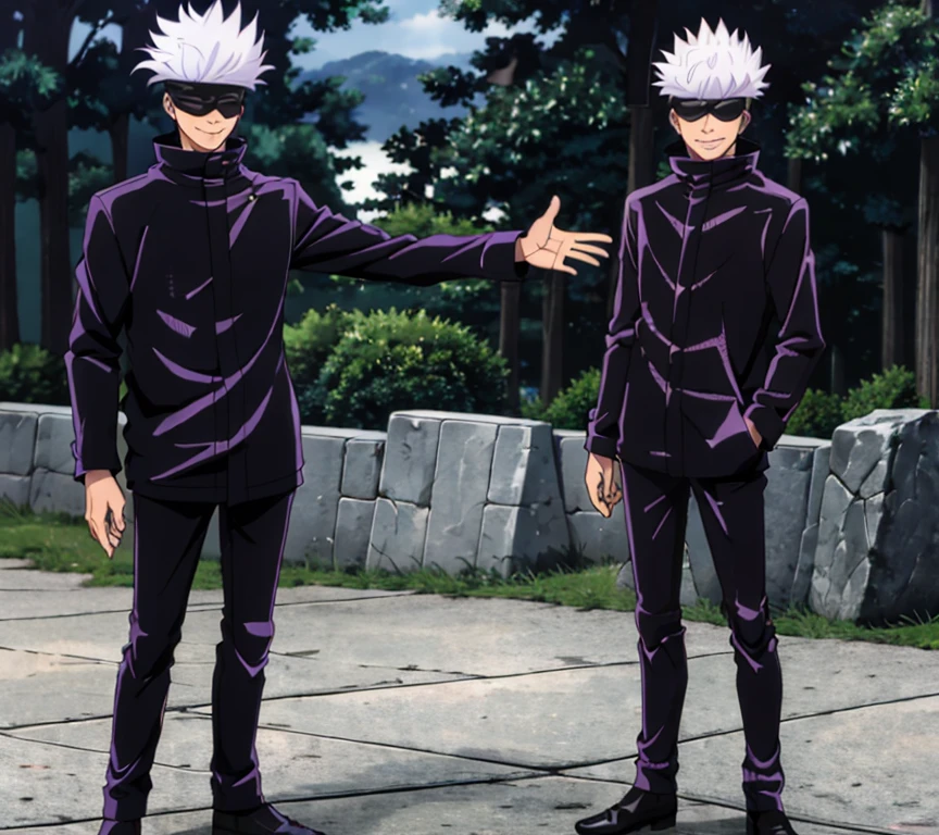 masterpiece,highres,high quality,extremely detailed,solo,outdoors,
smile,
SatoruGojo,1man,
(blindfold:1.4),white hair,spiked hair,
black jacket,popped collar,
pants,
loafers,
stylish_pose,