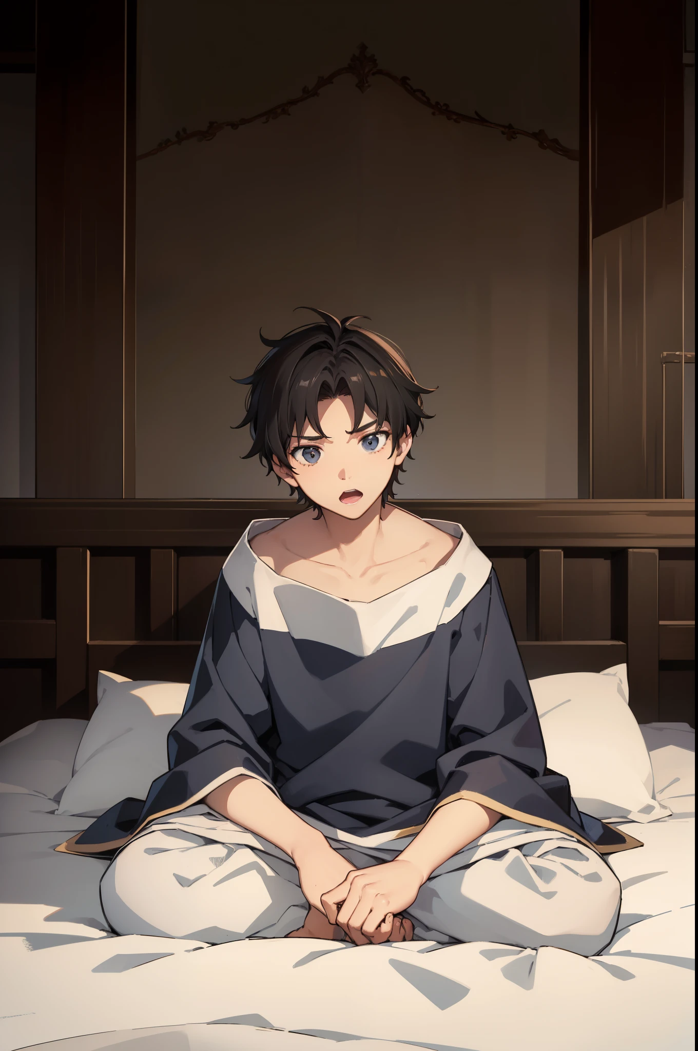 A man, 16 years old, medieval noble sleepwear, black messy hair, surprised, sitting on a medieval noble bed, bandages on his arms.