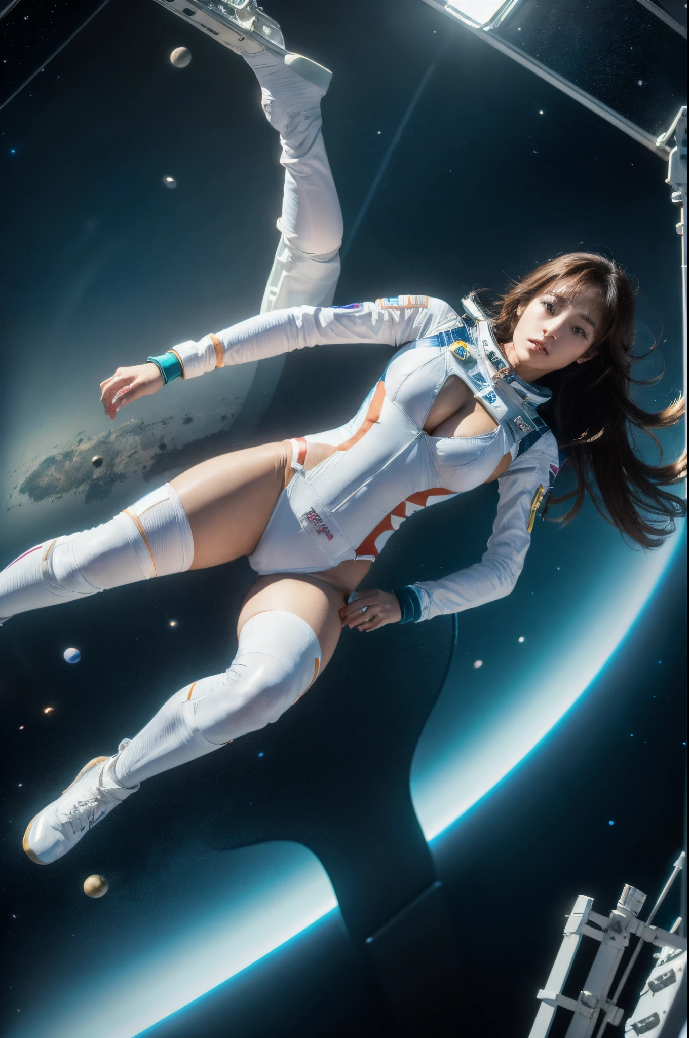 Distance shot, full body portrait, a beautiful brunette woman age 30, floating on her back, long hair floating in the air in a spacecraft, hair drifting in zero gravity, legs spread, facing the viewer, view of dark outer space and planet Earth in the space station window, wearing tight white spandex shorts and white sports bra with NASA logo, midriff showing, 4k extremely photorealistic, uhd 4k highly detailed, ((ethereal lighting, ultra-high res.photorealistic:.1.4, (high detailed skin:1.2), 8k uhd, dslr, high quality, film grain, Fujifilm XT3,(masterpiece) (best quality) (detailed) (cinematic lighting) (sharp focus) (intricate)