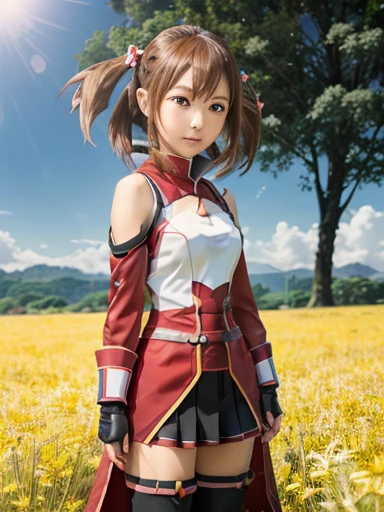 (real), (realistic), (real photo), (masterpiece), asian girl in a red and white dress standing in a field, sao style anime, silica from sao, anime visual of a cute girl, sword art online,