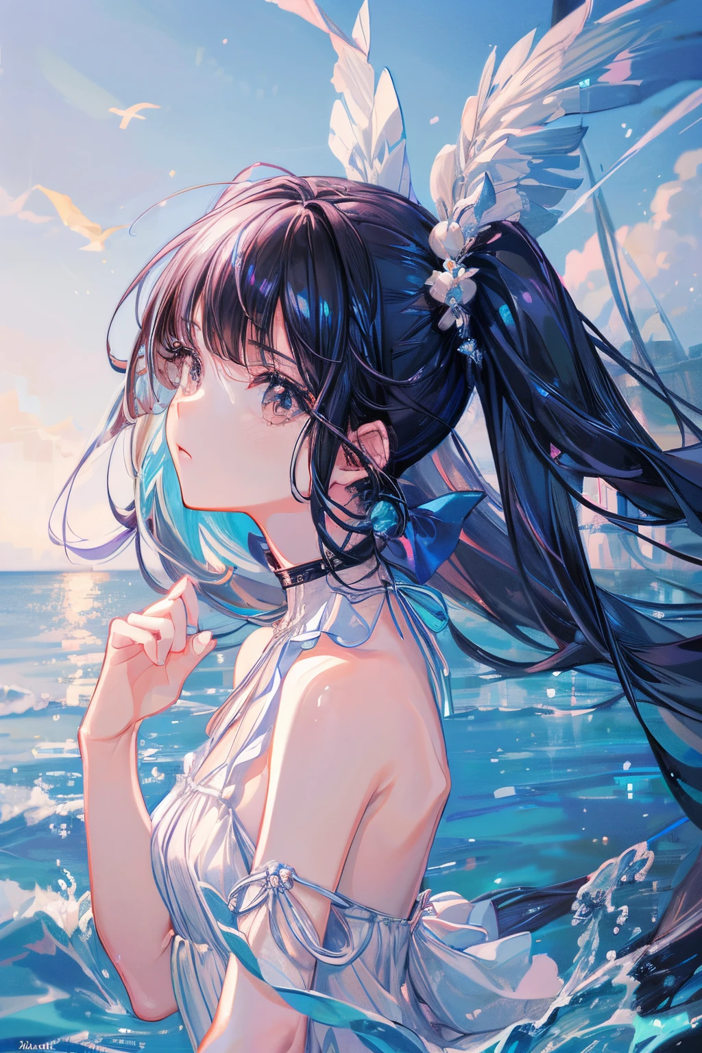 (tmasterpiece), (Best quality at best), (ultra - detailed),(illustratio), (1人), Permanent, A fashion model, looking at viewert, (Interview), (detailedbackground), exquisite and beautiful face, floating,high saturated,beachside,(blue waterlue ocean),1 girl, twintail,((black hair,black eyes)),white dress,((small breats))